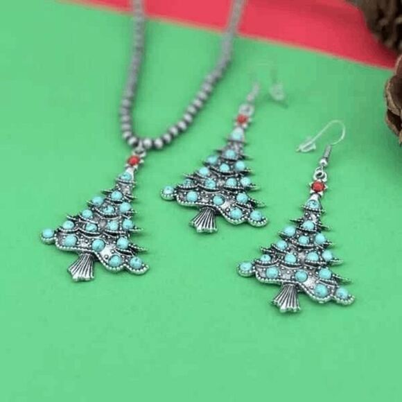 Turquoise Christmas Tree Beaded Necklace and Earring Set - Picture 3 of 5